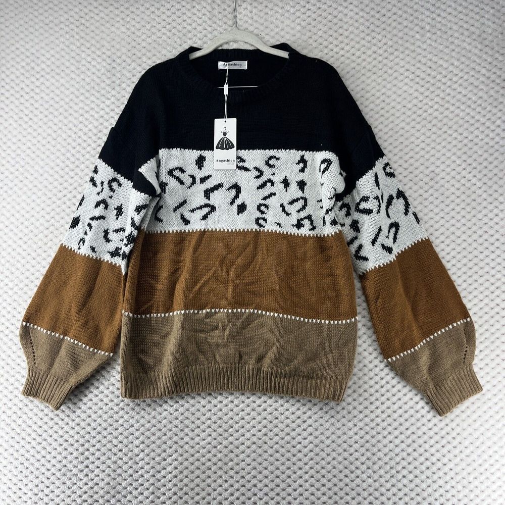 Angashion Color Block‎ Leopard Print Knit Pullover Sweater, Size S